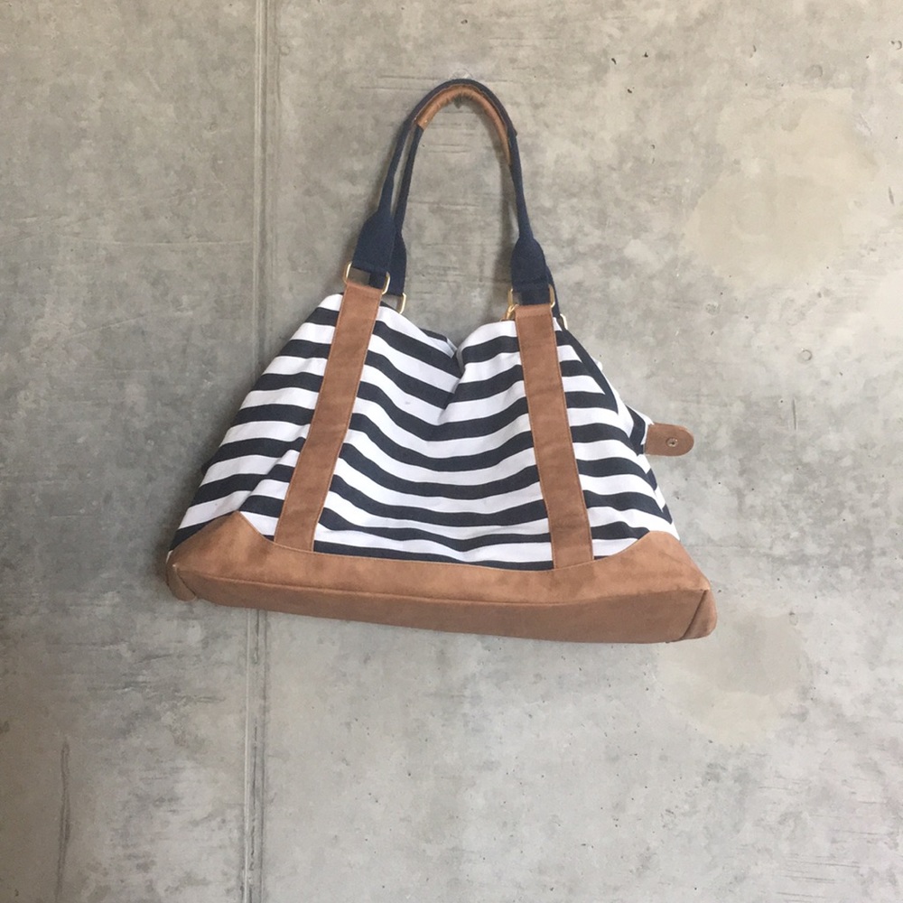 Merona Black & White Striped Canvas Travel Tote with Tan Trim